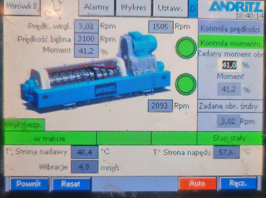Panel testowy naprawianej wirówki